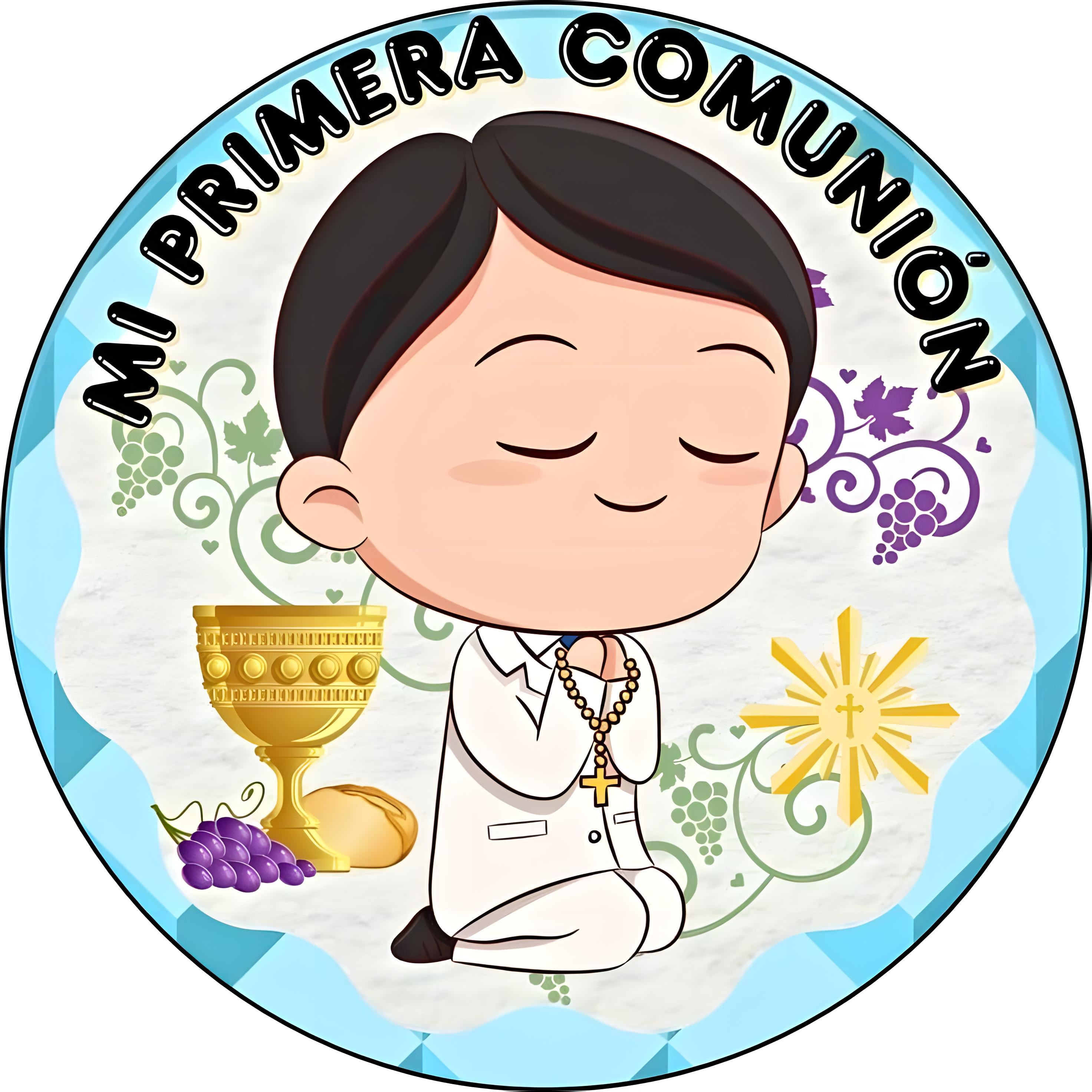 Oblea personalizada Mi Primera Comunión para niño con ilustración infantil, fondo azul brillante y decoración religiosa para pastel