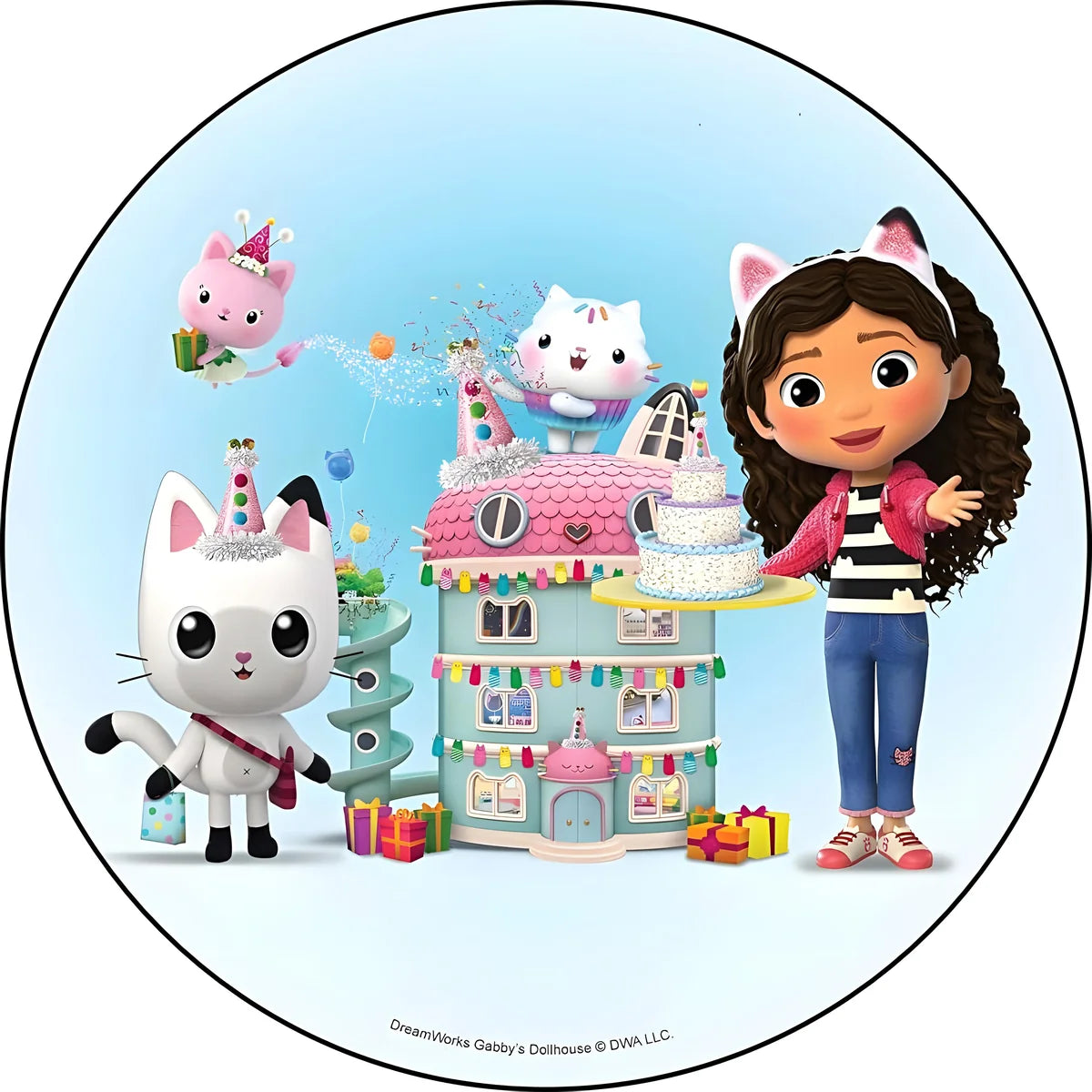 Gabby’s Dollhouse sugar sheet cake topper with a custom name and age