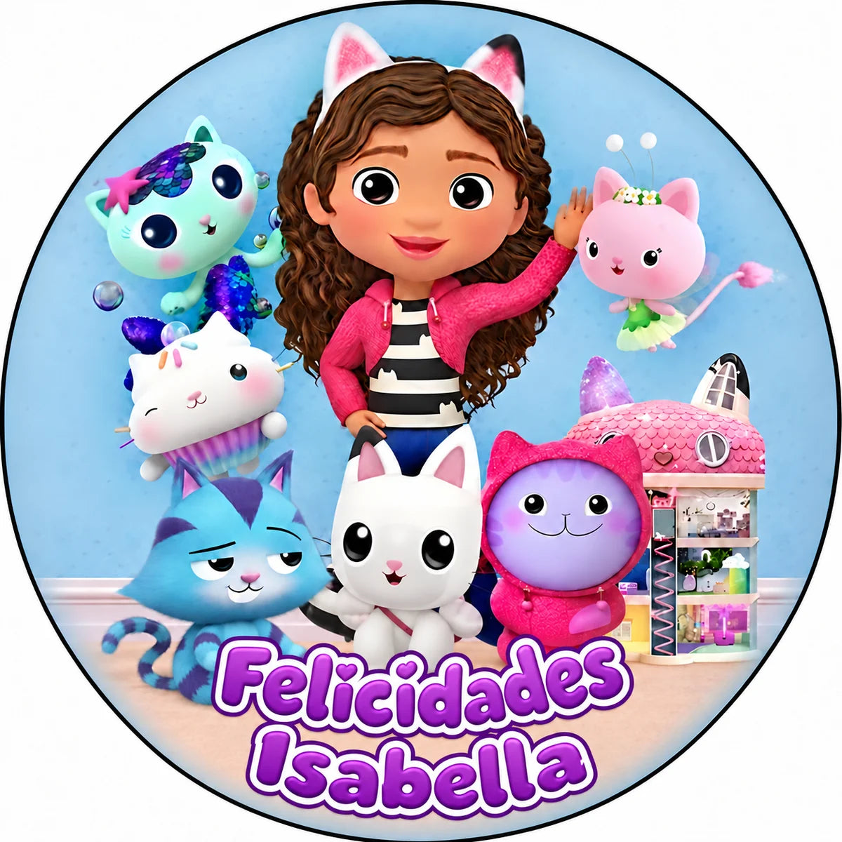 Personalizable Gabby’s Dollhouse cake decoration with Gabby and friends