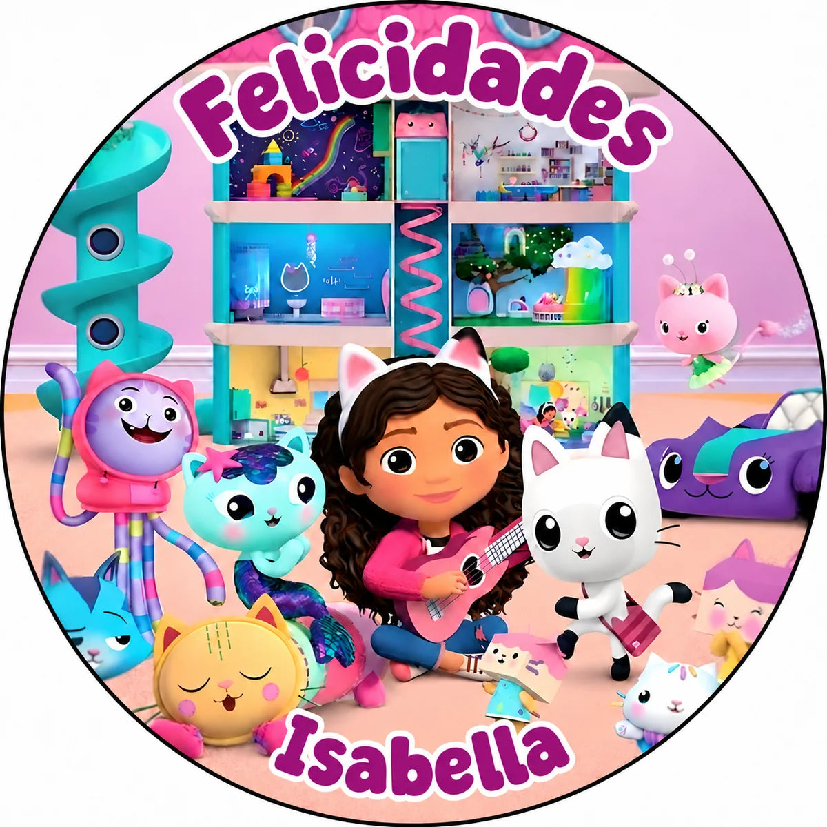 Personalized Gabby’s Dollhouse cake topper with a pink background