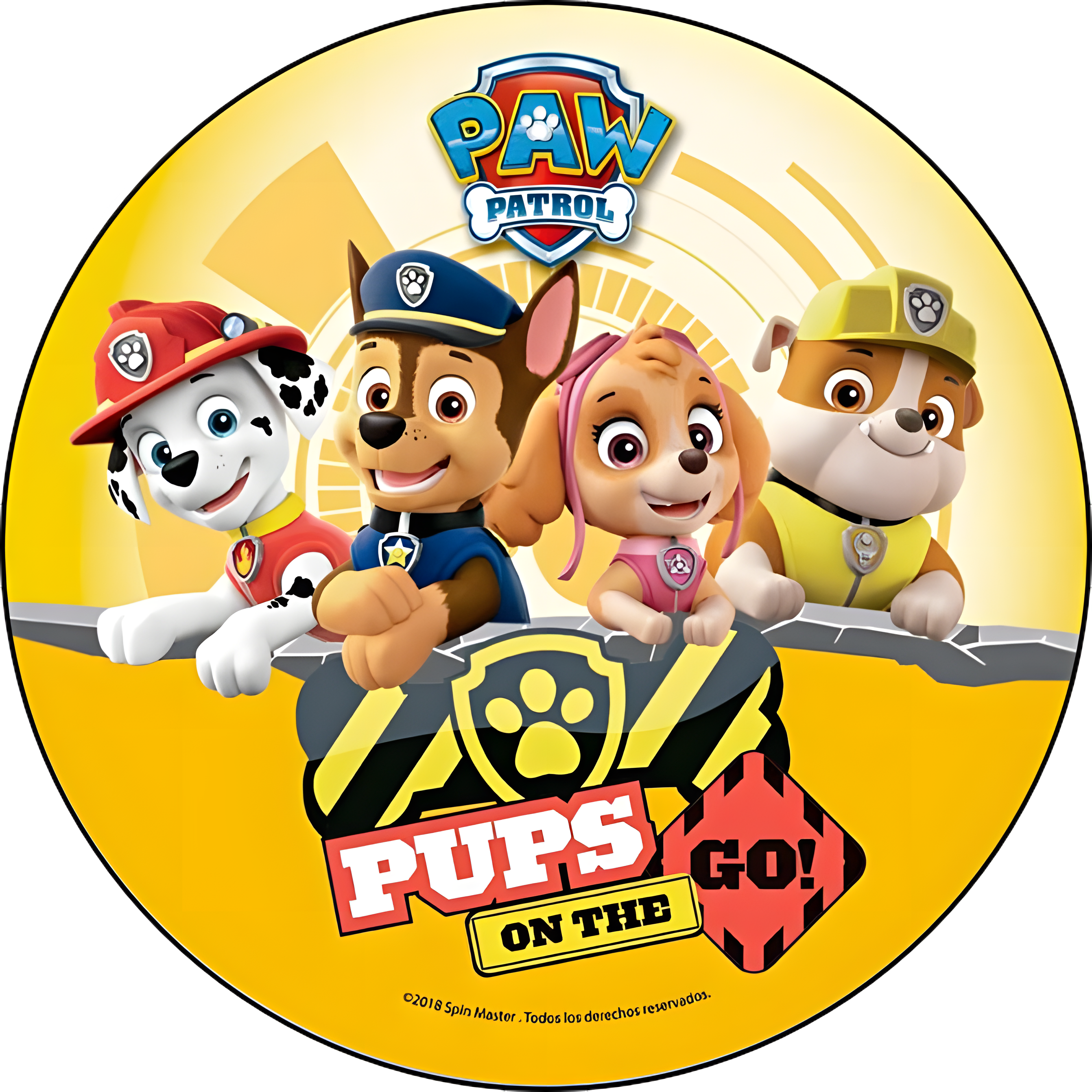 Imagen comestible redonda de La Patrulla Canina, Paw Patrol, impresa en papel de azúcar u oblea, perfecta para decorar tartas, cupcakes, magdalenas o galletas en fiestas de cumpleaños infantiles.