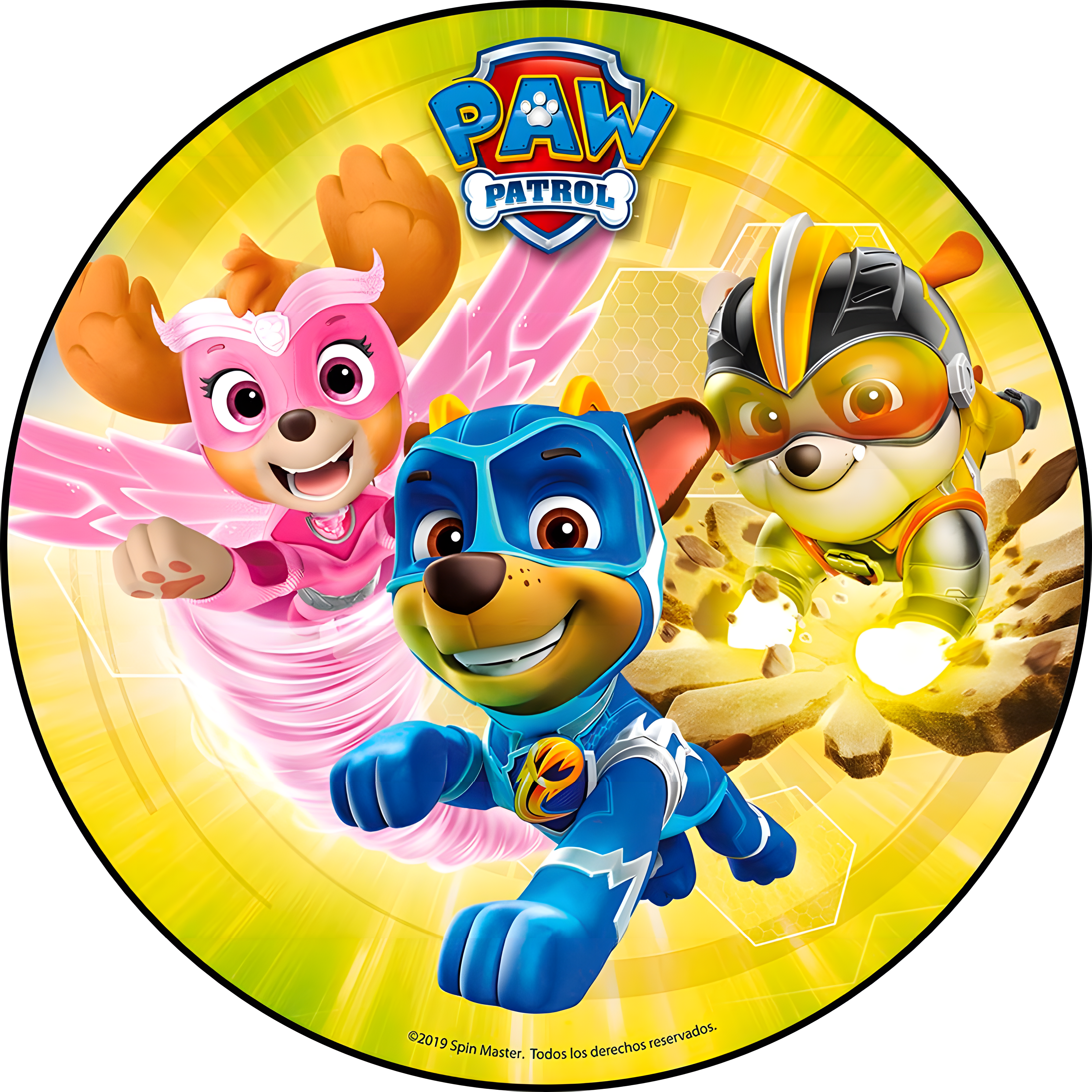 Imagen comestible redonda de La Patrulla Canina, Paw Patrol, impresa en papel de azúcar u oblea, perfecta para decorar tartas, cupcakes, magdalenas o galletas en fiestas de cumpleaños infantiles.