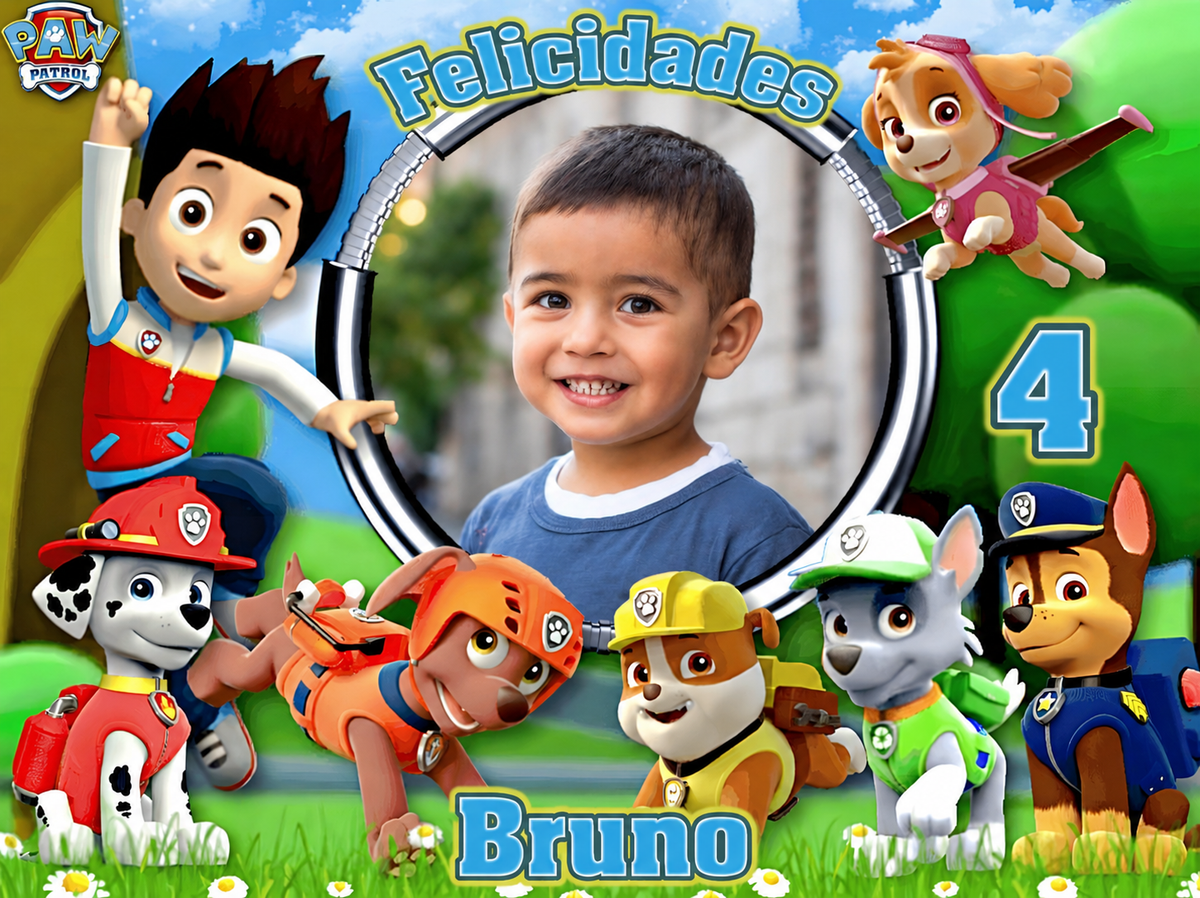 Imagen comestible de La Patrulla Canina personalizable con foto, nombre y edad para tartas.