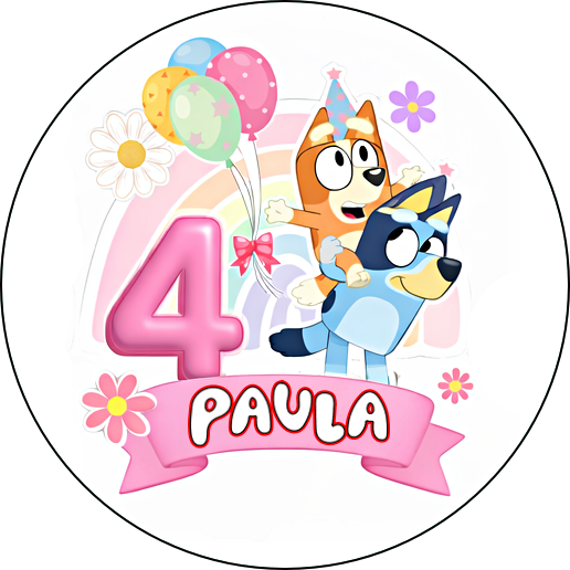 Imagen comestible para una tarta de BLUEY con la edad y una pancarta con el nombre - Rodonda