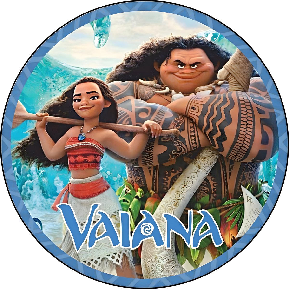 Foto Comestible para tarta personalizada MOANA VAIANA en una oblea personalizada con una foto y un texto
