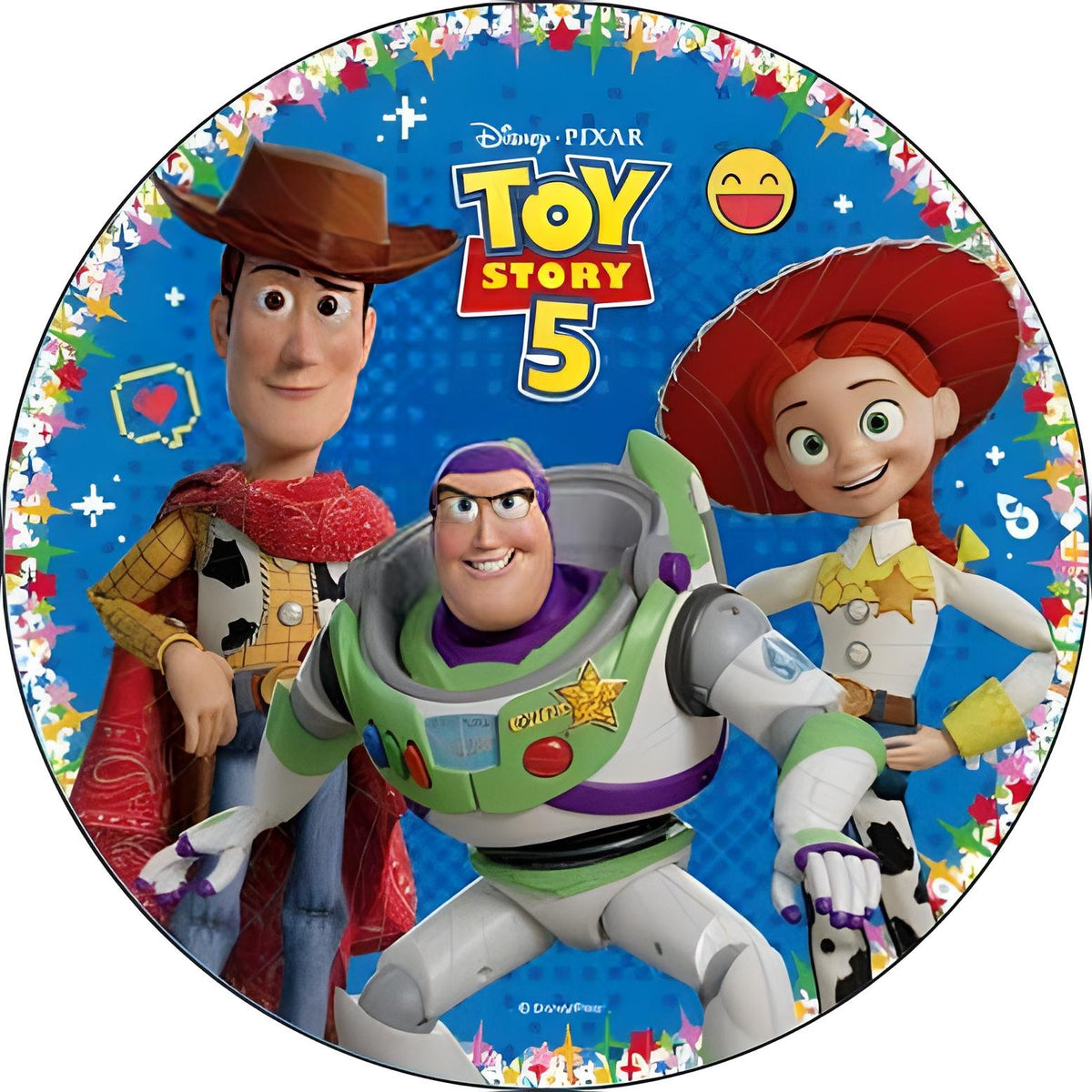 Diseño de Toy Story con Woody, Buzz y Jessie entre estrellas