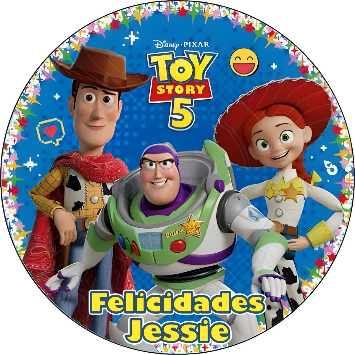 Oblea circular de Toy Story con personajes y estrellas