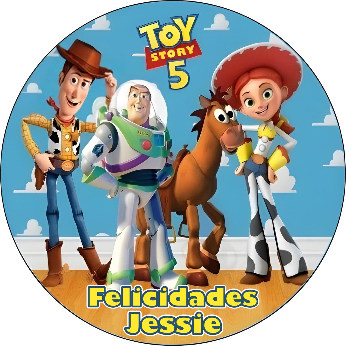 Oblea redonda de Toy Story con Woody, Buzz y Jessie