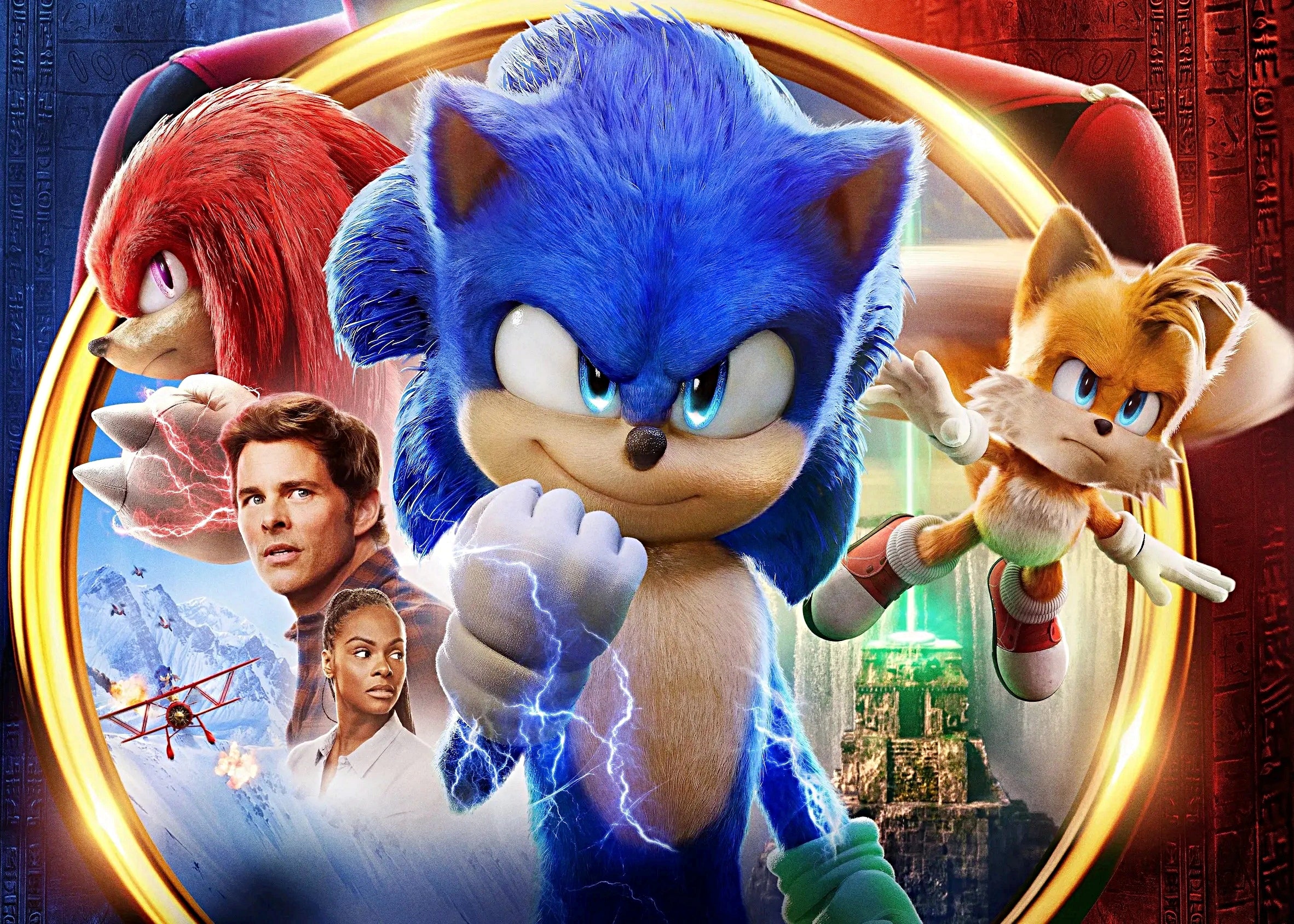 Foto comestible para tarta con Sonic, Tails y Knuckles de la película sobre fondo de acción personalizable con nombre y edad.