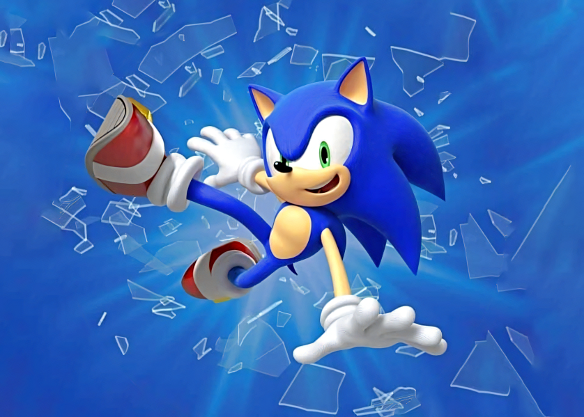 Oblea comestible rectangular con Sonic sobre fondo azul personalizable con nombre y edad para tarta de cumpleaños.