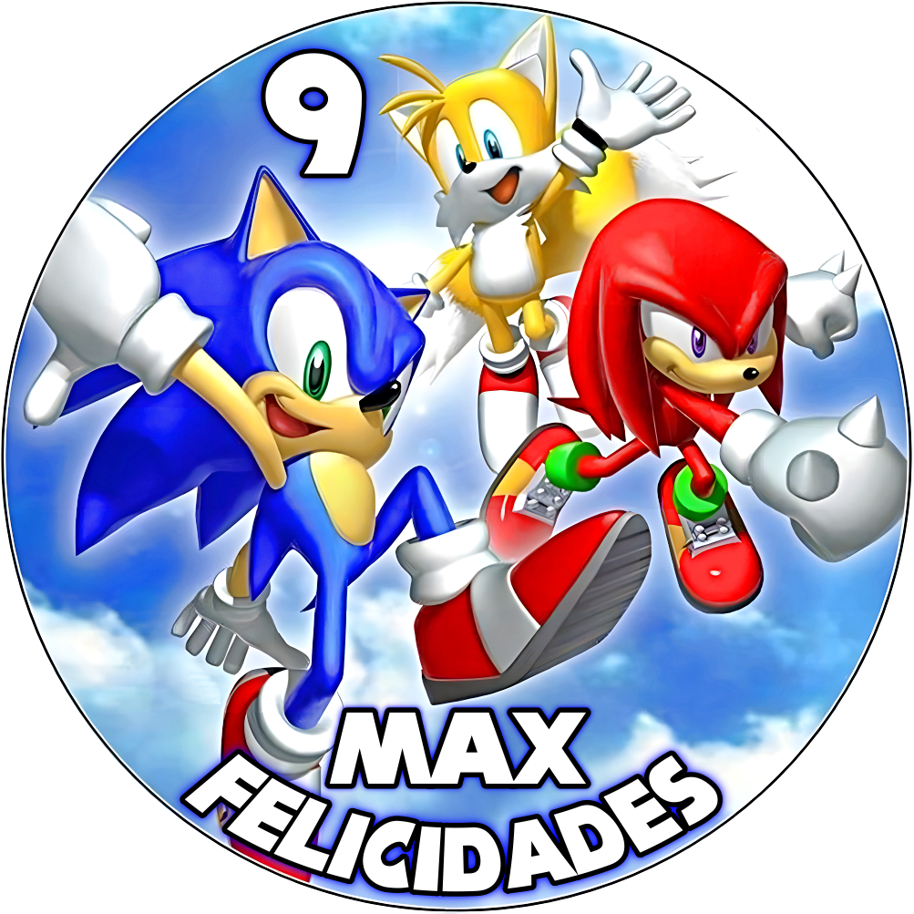 Imagen comestible redonda con Sonic, Tails y Knuckles sobre fondo azul para decorar tartas de cumpleaños.