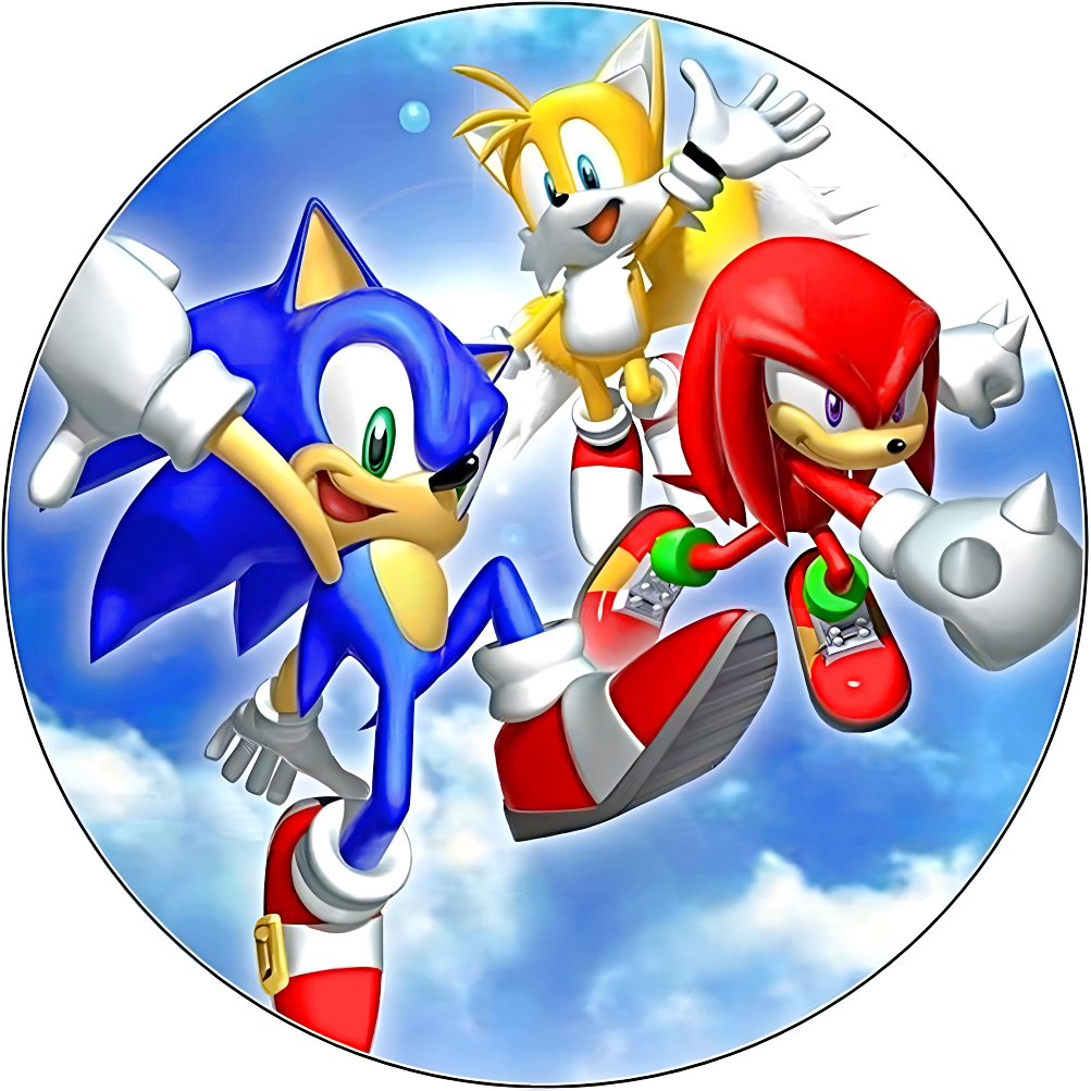 Imagen comestible redonda con Sonic, Tails y Knuckles sobre fondo azul para decorar tartas de cumpleaños.