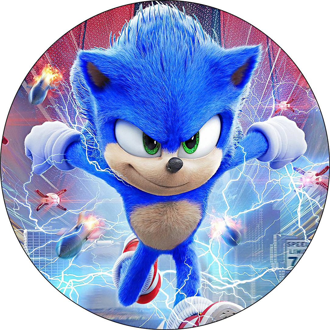 Oblea personalizada para tarta con Sonic saltando sobre fondo azul con espacio para nombre y edad.