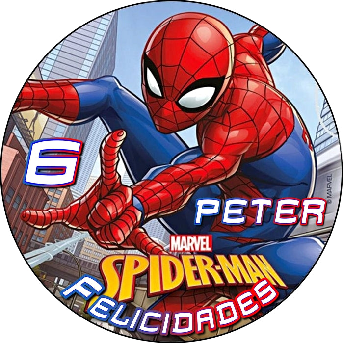 Imagen comestible redonda con diseño de Ultimate Spider-Man en acción sobre fondo de telaraña para cumpleaños infantiles.