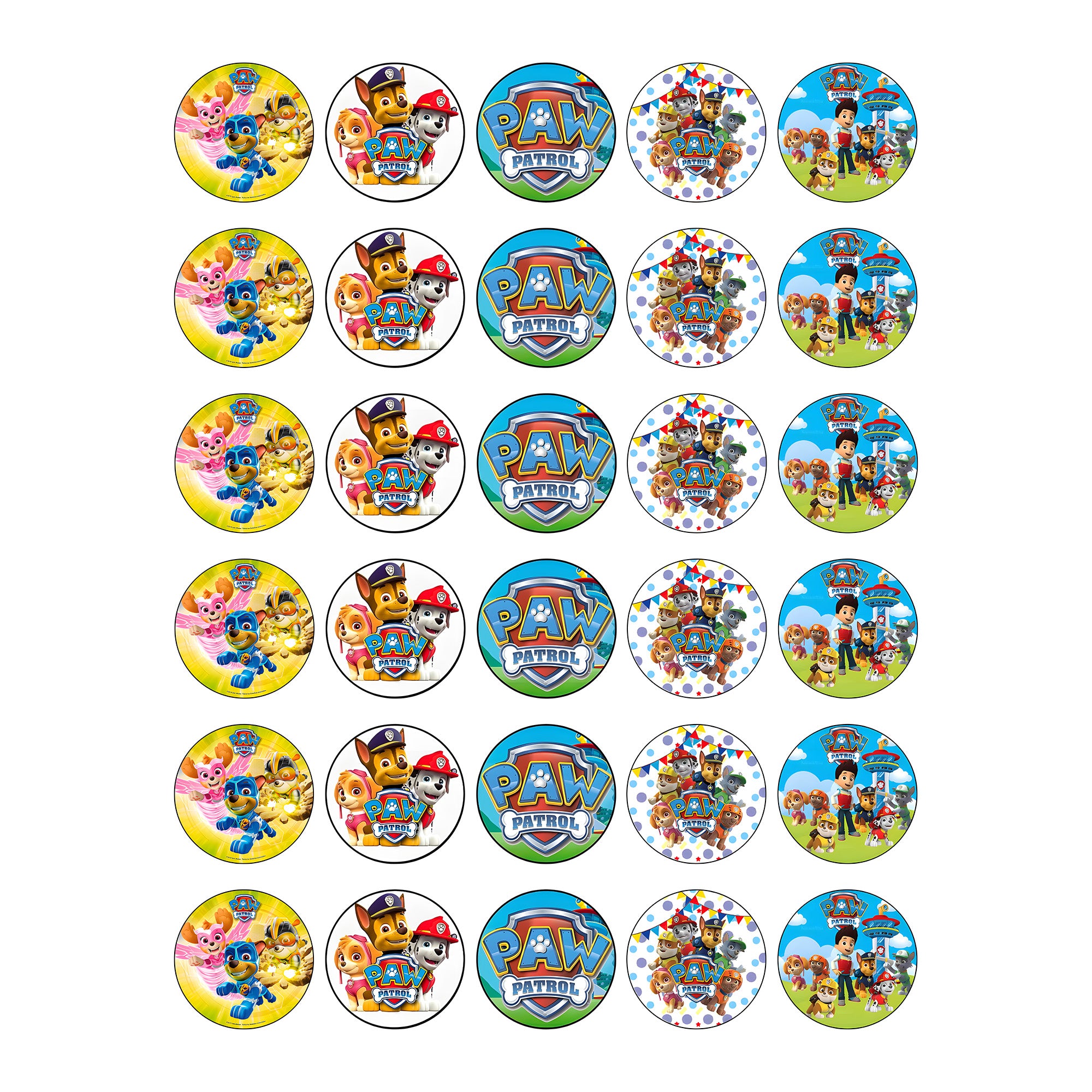 Imagen comestible redonda de La Patrulla Canina, Paw Patrol, impresa en papel de azúcar u oblea, perfecta para decorar tartas, cupcakes, magdalenas o galletas en fiestas de cumpleaños infantiles.