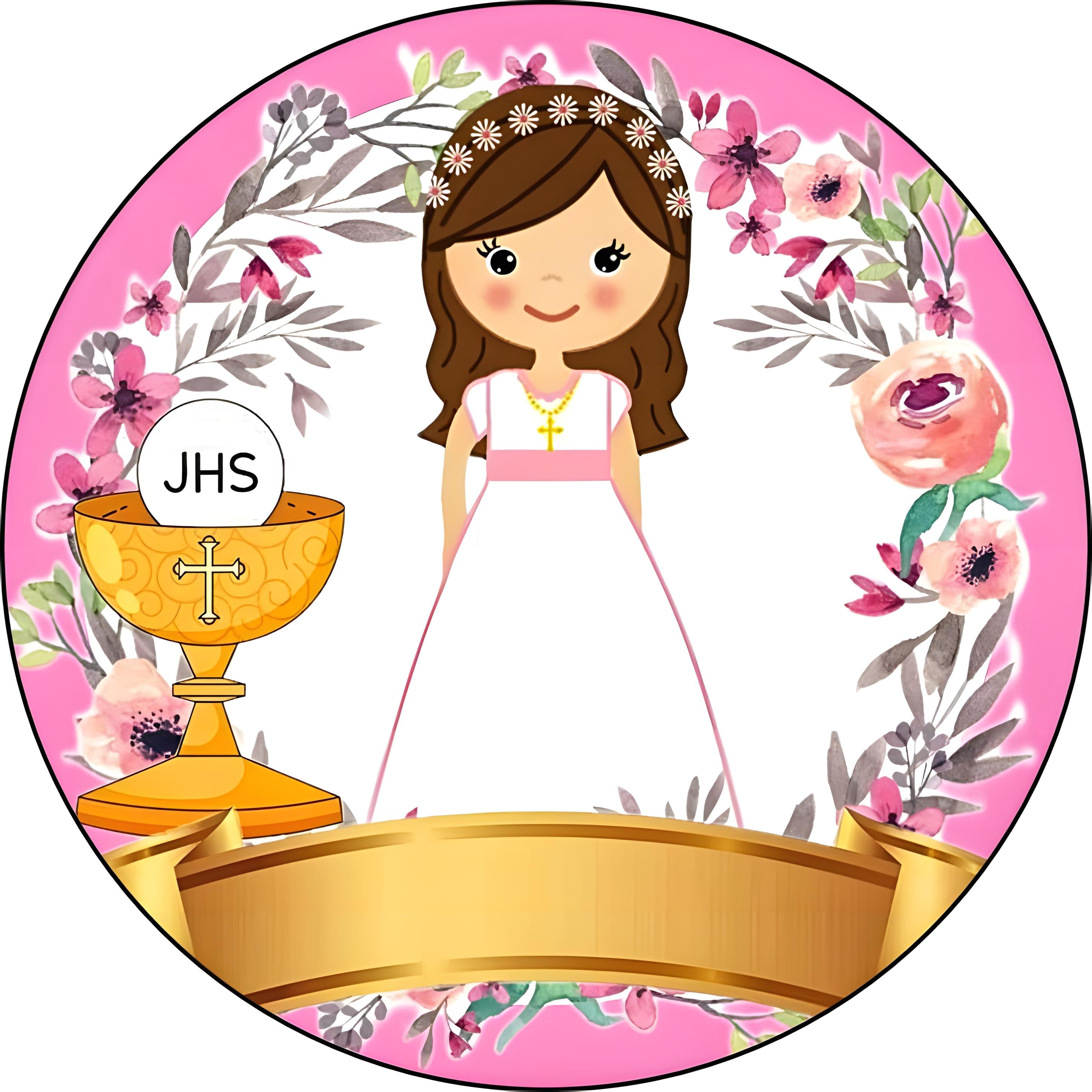 Imagen comestible redonda para Primera Comunión con niña morena, flores rosas elegantes, cáliz religioso y diseño floral personalizado para tartas de comunión