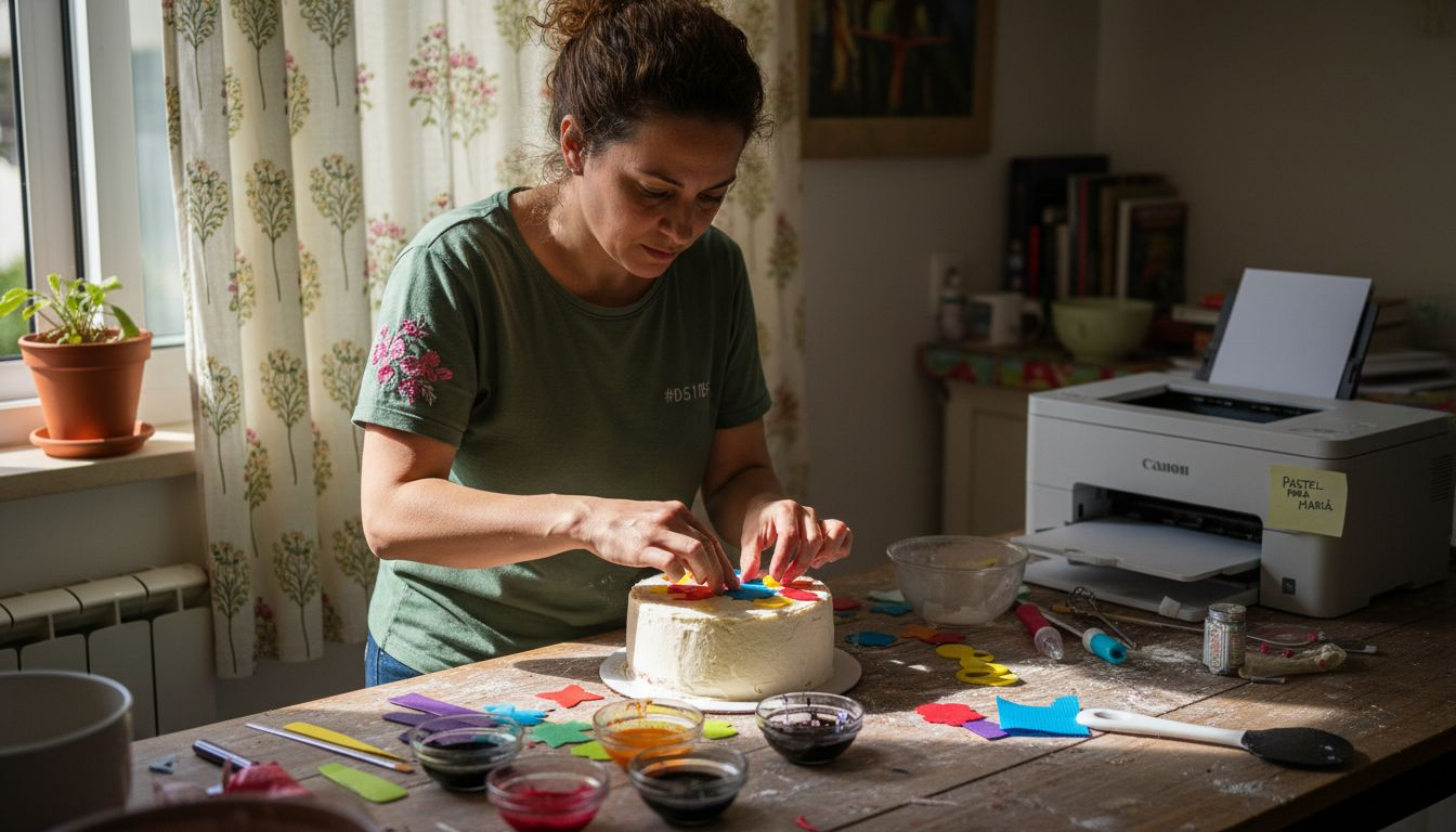 Una mujer está preparando papel comestible en la encimera de su cocina.