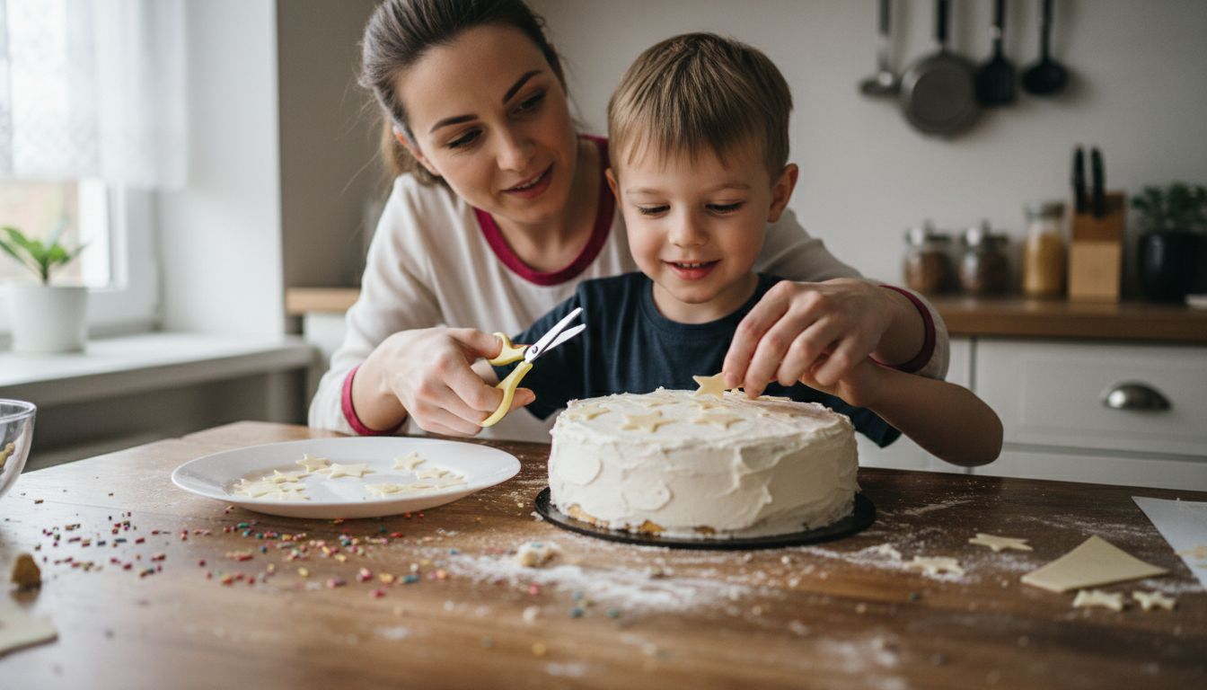 Una mamá y su hijo disfrutan juntos decorando un pastel, compartiendo risas y creatividad en la cocina.