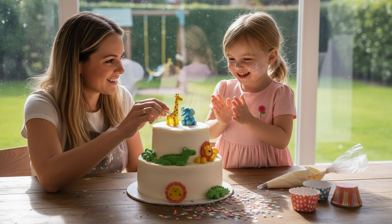 Una madre y su hija decoran juntas un pastel infantil en la cocina, disfrutando del momento y compartiendo risas mientras le ponen los últimos detalles.