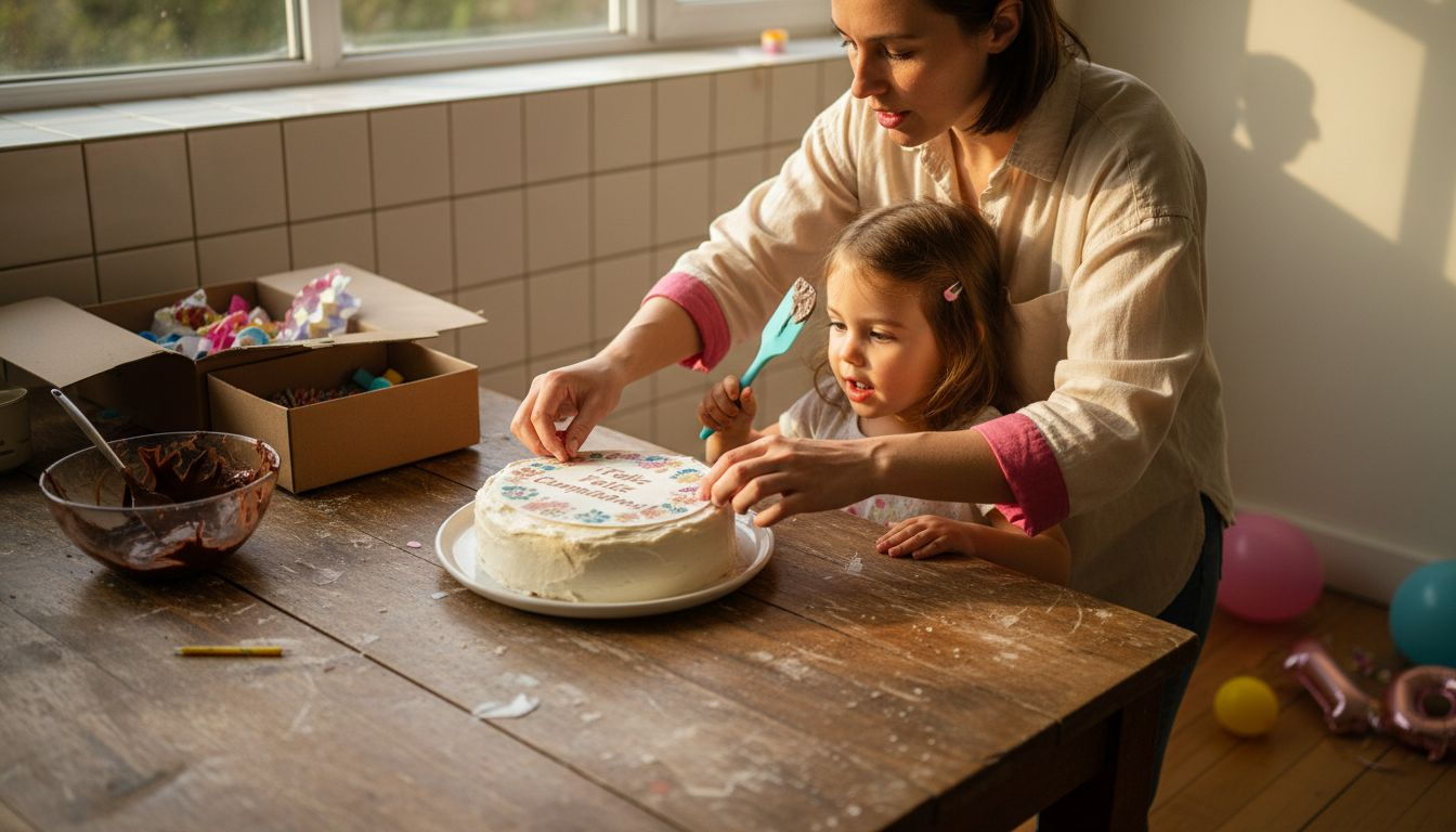 Una madre y su hija se divierten decorando un pastel con papel comestible.