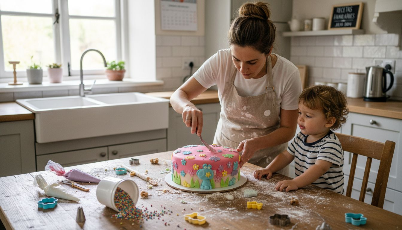 Pastelera decorando una tarta mientras un niño observa con curiosidad