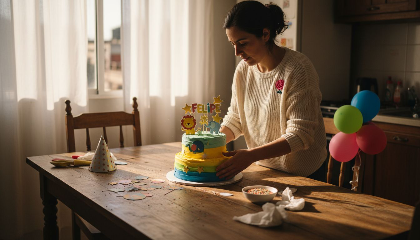Una mamá decora la tarta de cumpleaños de su hijo con hojas de papel comestible.