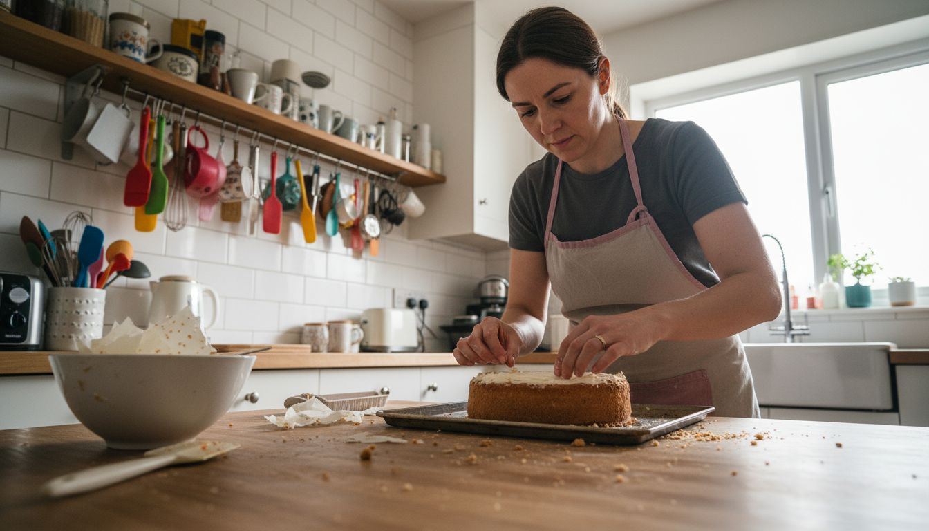Pastelera decorando una tarta con láminas de papel comestible