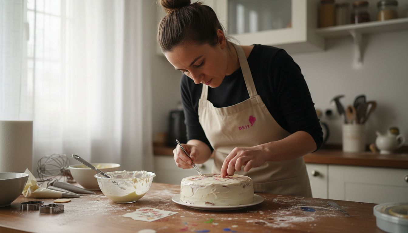 Una mujer decora su pastel casero colocando papel comestible sobre la superficie.