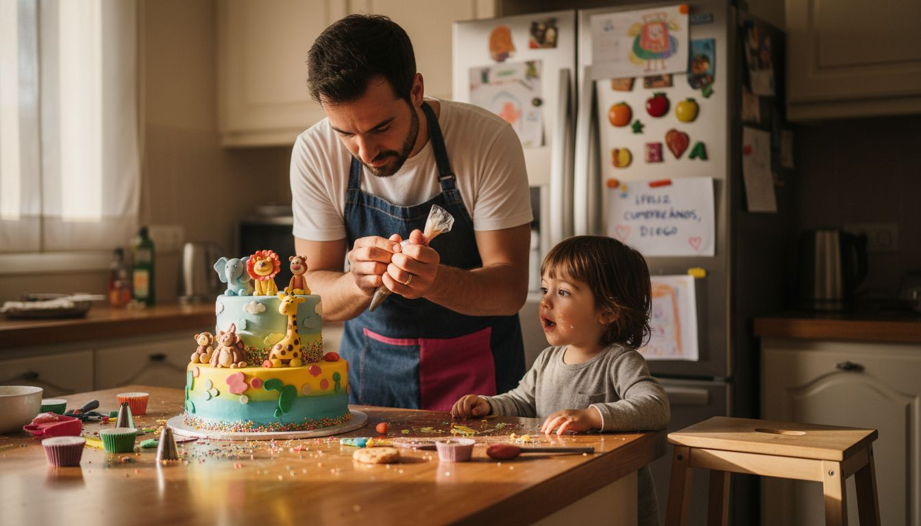 Un pastelero y un niño se divierten juntos decorando un pastel para niños