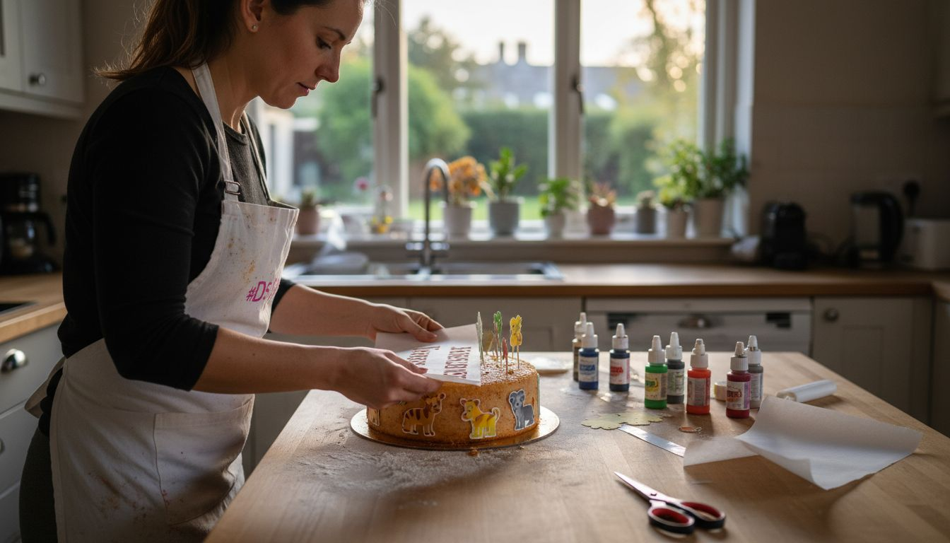 Repostera colocando una lámina comestible sobre una tarta