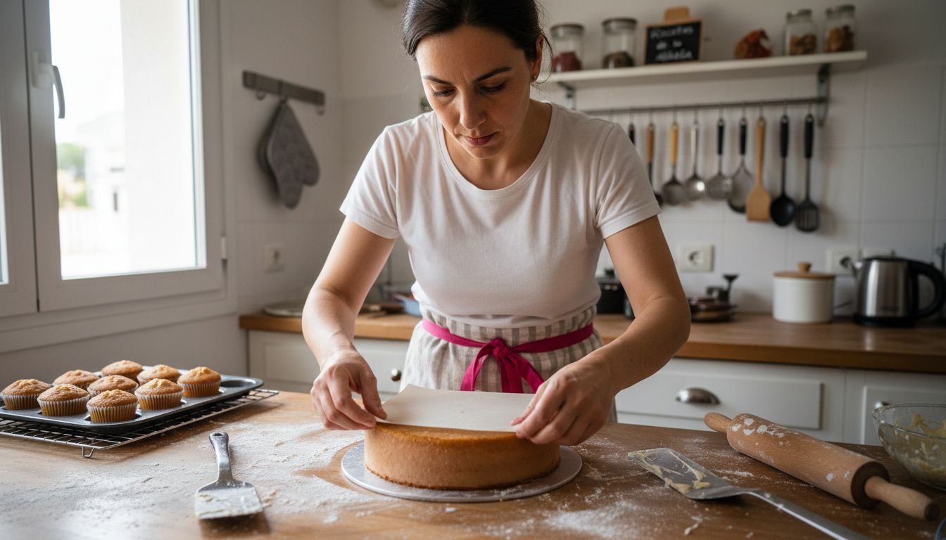 Pastelera colocando papel comestible sobre un pastel