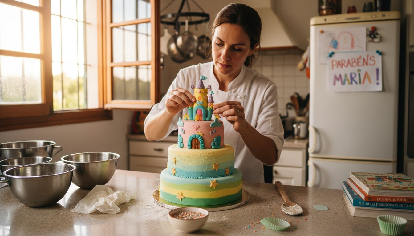Chef a dar os últimos retoques a um bolo de aniversário infantil personalizado, na cozinha de casa.