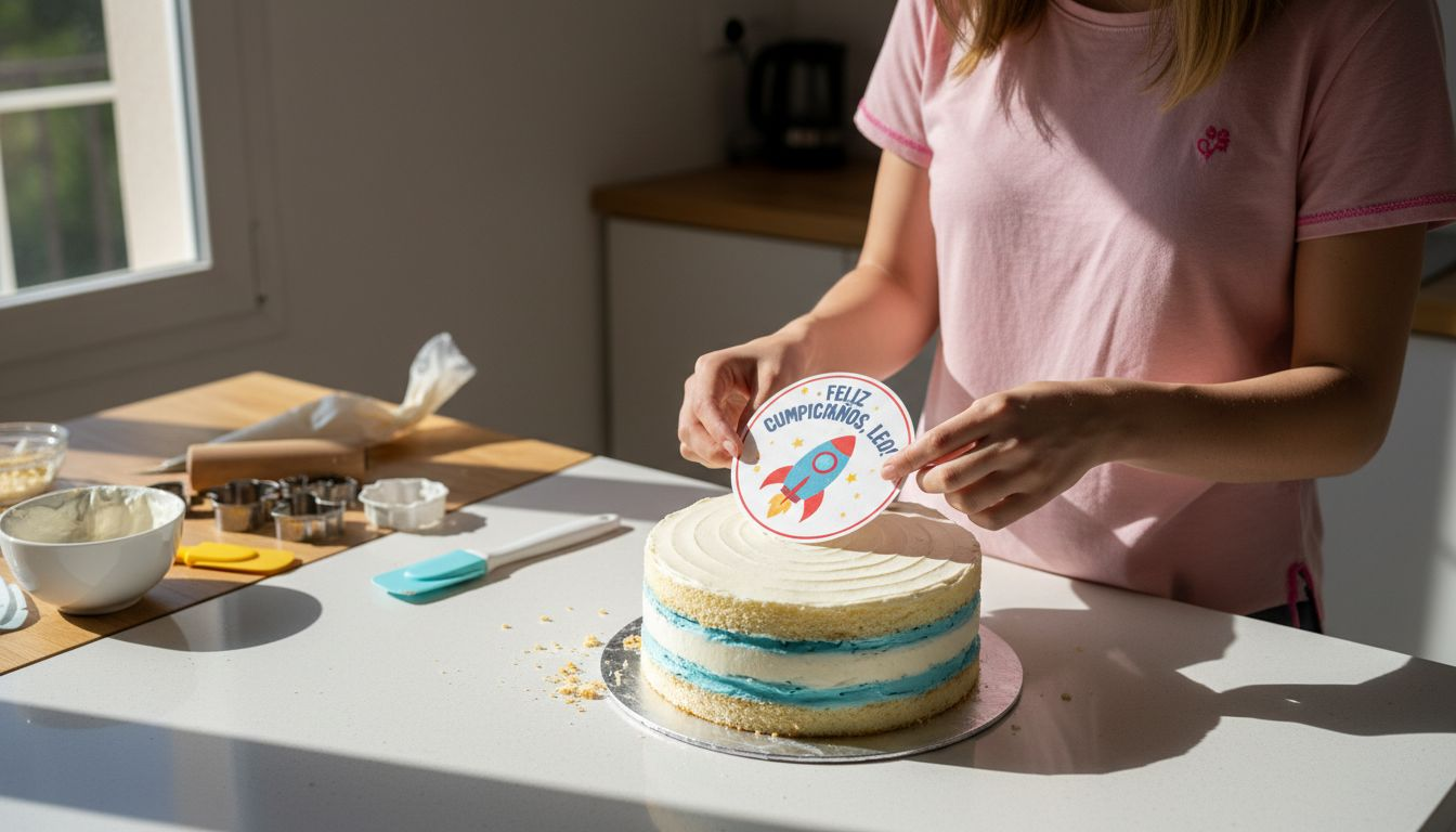 Una madre decora el pastel de cumpleaños de su hijo colocando una oblea encima.