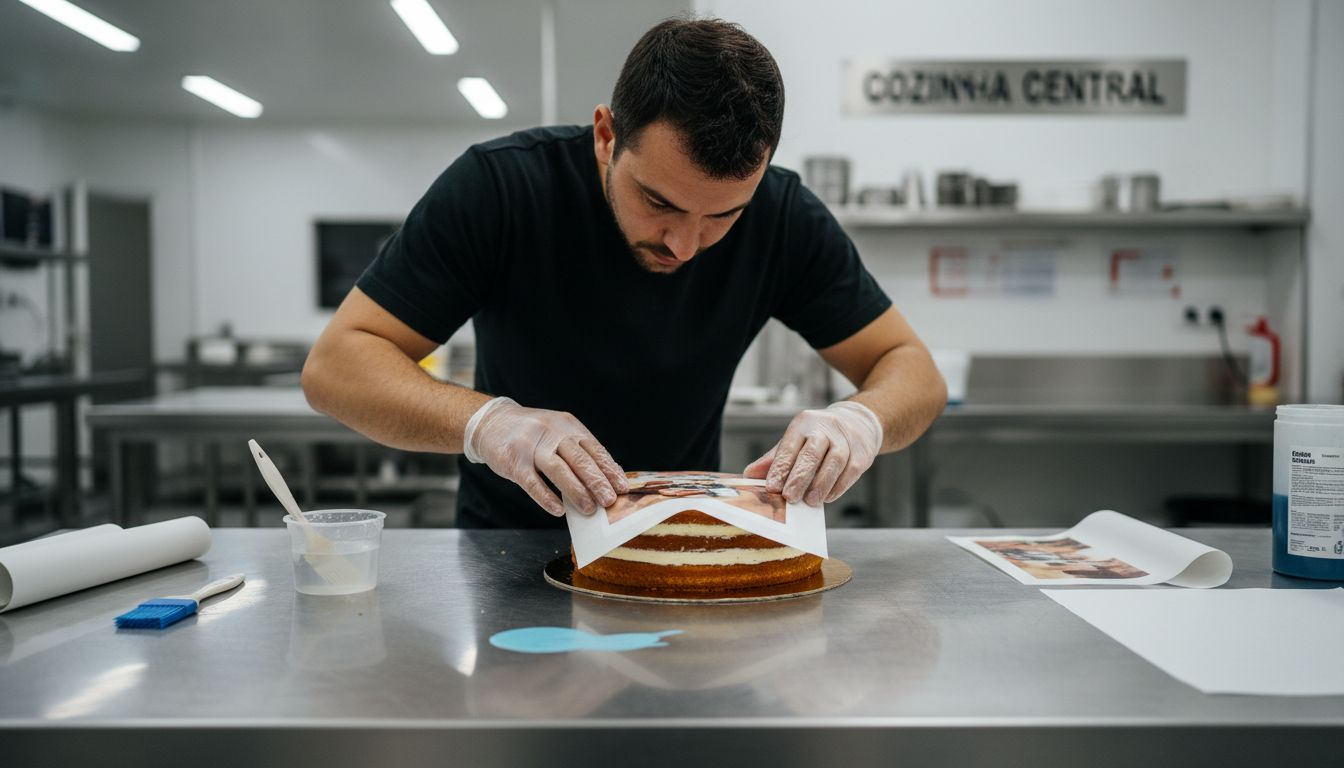 Pasteleiro a colocar uma imagem comestível por cima de um bolo
