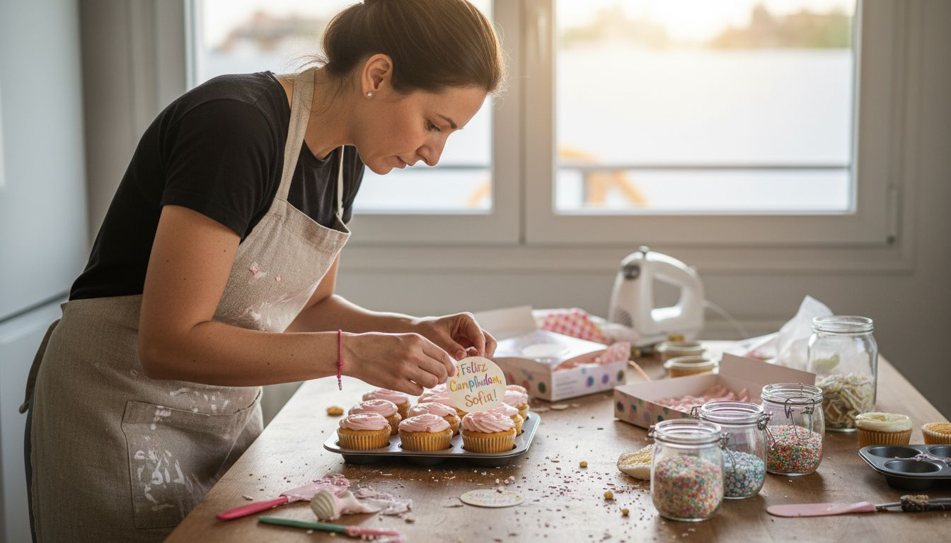 Una mujer decora cupcakes utilizando obleas comestibles para darles un toque especial.