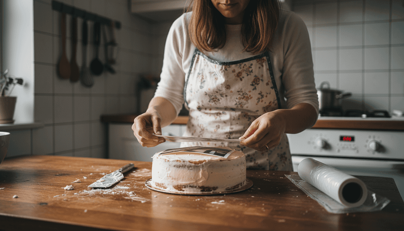 Mãe a decorar o bolo da família com papel comestível