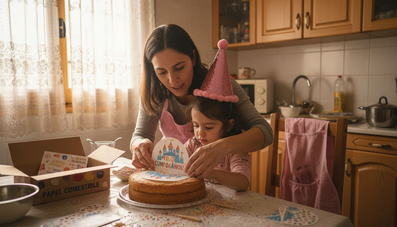 Una madre y su hija se divierten decorando un pastel con láminas comestibles.