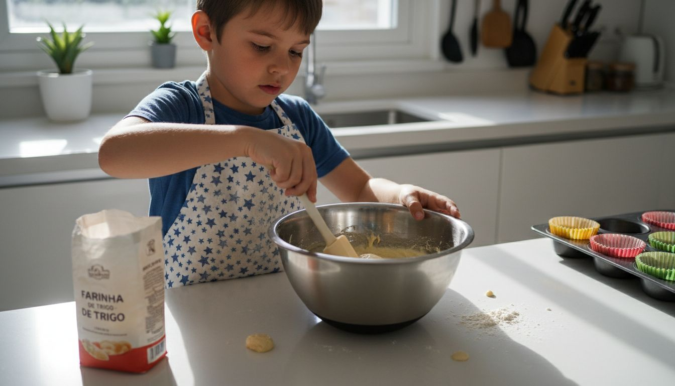 Uma criança a preparar a massa para queques com um tema especial