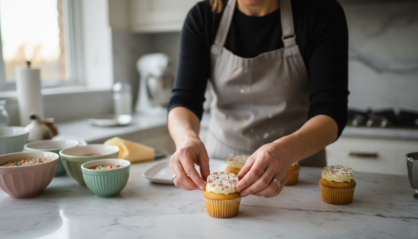 Mãe a enfeitar queques com papel comestível