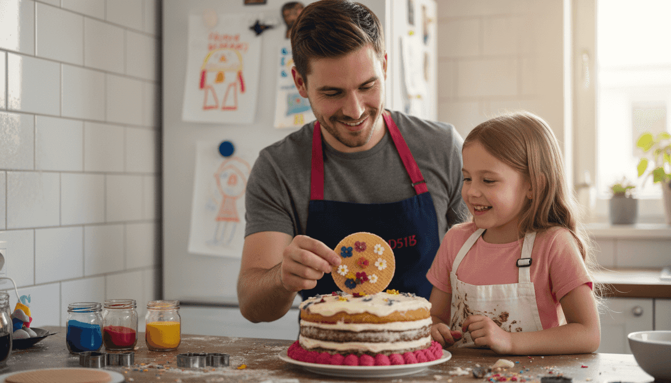 Un padre y su hija decoran juntos una tarta colocando una oblea comestible por encima.
