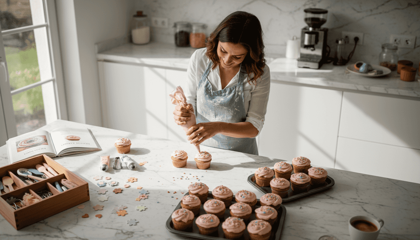 Mãe a decorar cupcakes com creme e bolachas coloridas