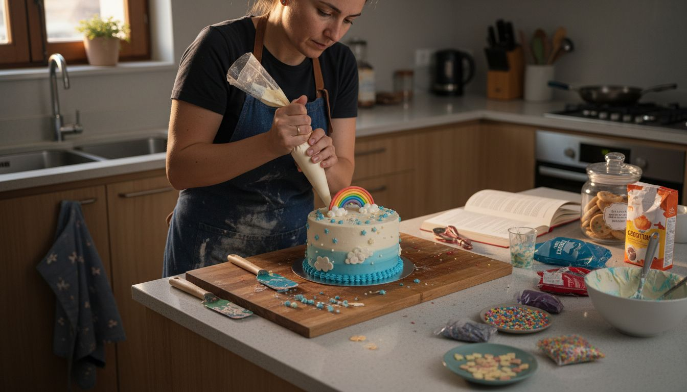 Pastryira a dar os últimos retoques na decoração de um bolo temático personalizado