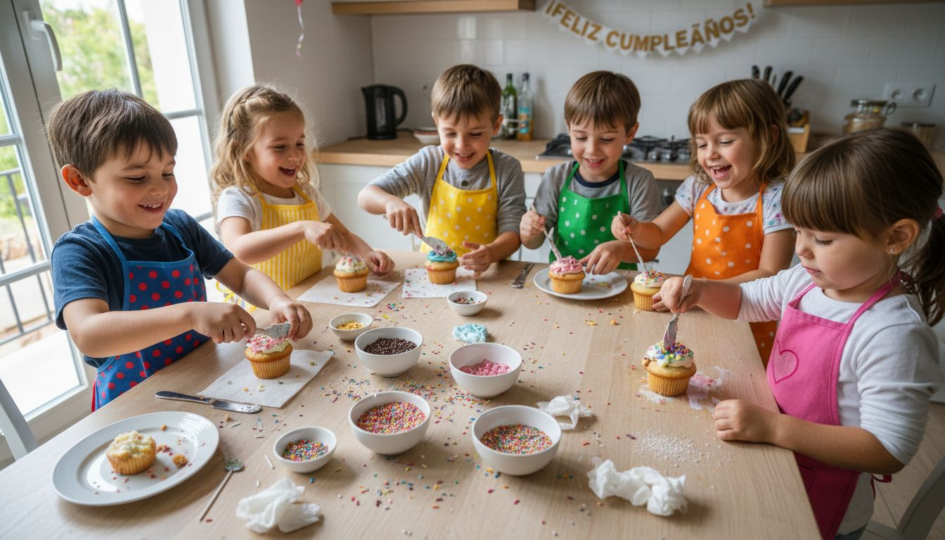 Un grupo de niños se divierte decorando cupcakes en la cocina de casa