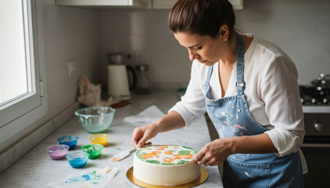 Pasteleira a decorar um bolo com folha comestível