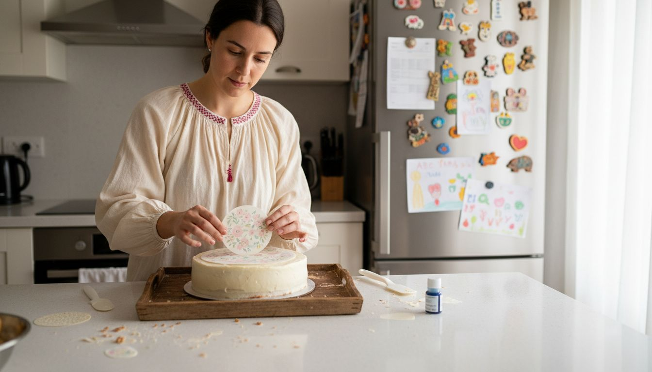 Mamá decorando una tarta infantil con una oblea personalizada