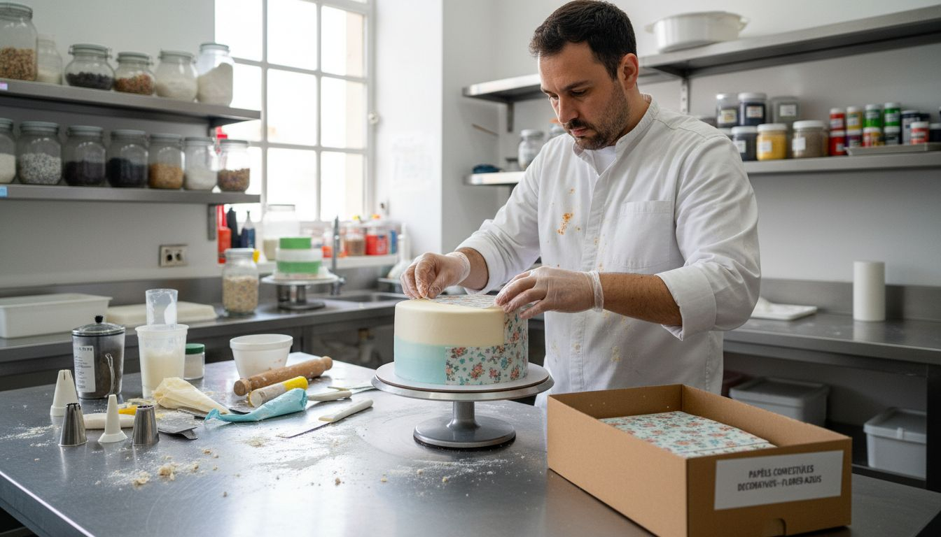 Chef cobre o bolo com uma folha comestível