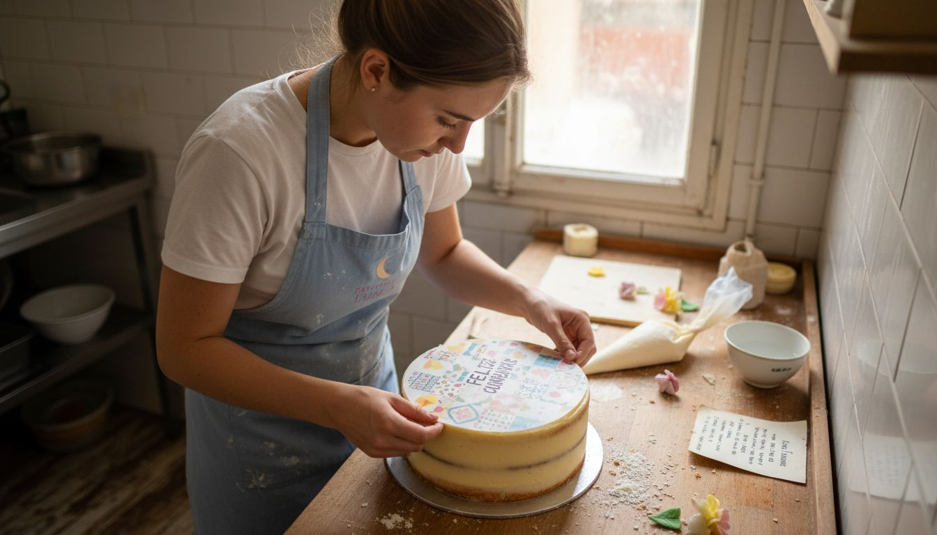 Un chef decora una tarta utilizando obleas y papel de azúcar.
