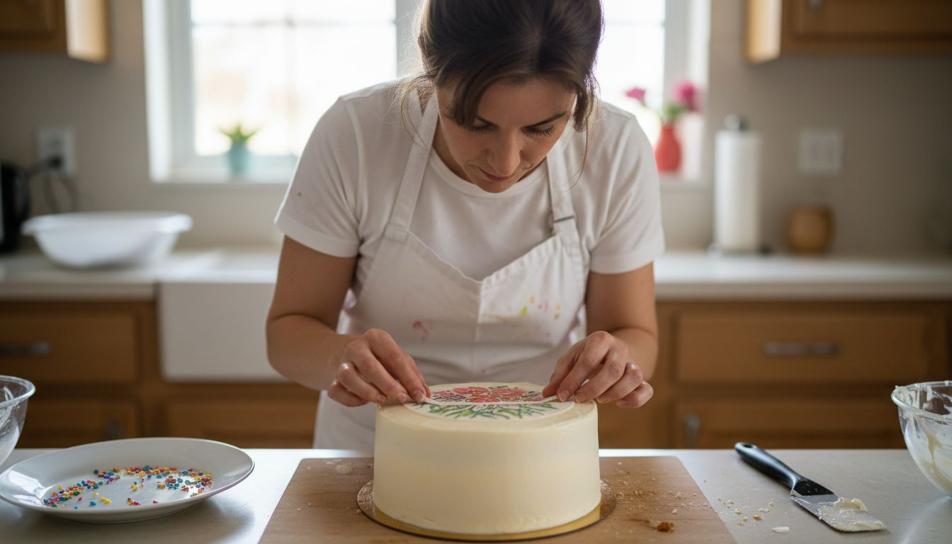 Especialista em decoração coloca folha com desenho personalizado no topo do bolo.