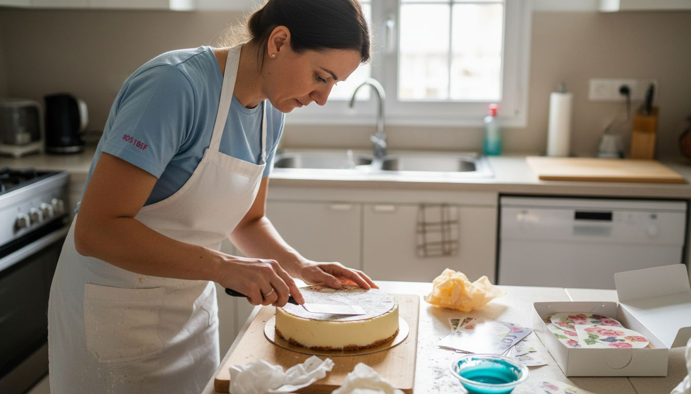 Repostera colocando una oblea personalizada sobre una tarta