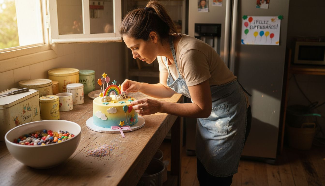 Una mujer decora una tarta infantil llena de colores vivos.